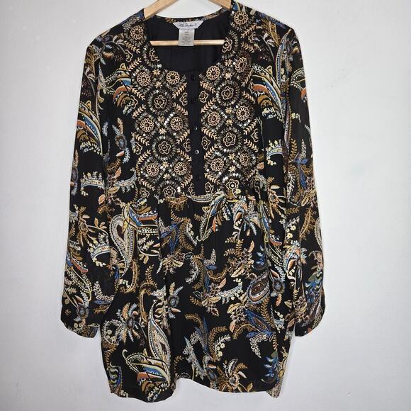 Ulla Popken Tunic 16/18 Sheer Boho Paisley Embroidered Sequins Blouse Whimsigoth - Picture 1 of 11